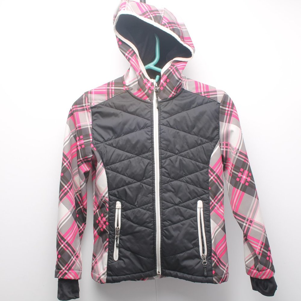 Snozu Hooded Girl's Jacket Size M 10/12 Pretty Pink Black Gray White